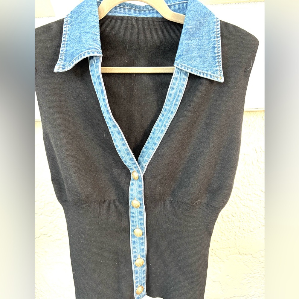 NWT Commense Black Top with Denim Trim and Gold Buttons